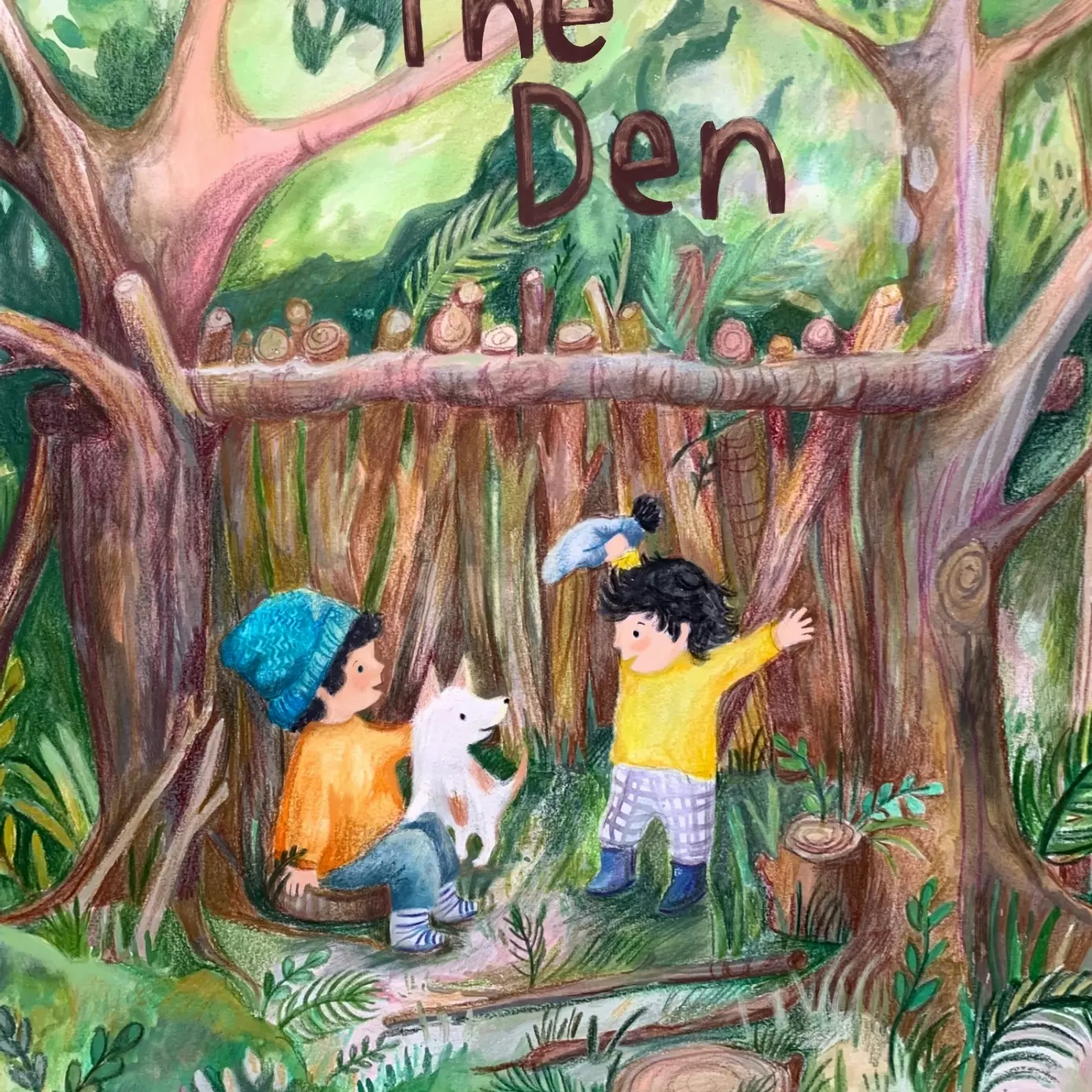 Illustration of Two brothers in a den in the forest for a picture book &lsquo;the den&rsquo;. 